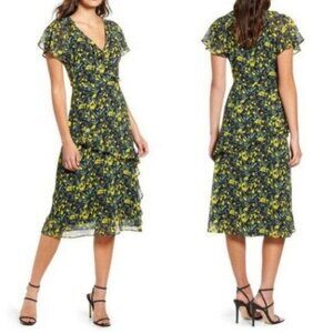 All In Favor Yellow Floral Midi Dress Ruffle Sleeve Black Floral NWT‎ Medium